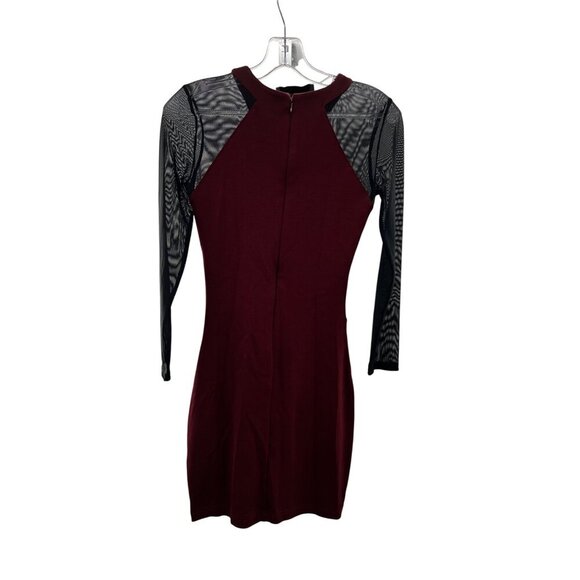 French Connection Bodycon Mini Dress Long Mesh Sleeve Maroon/Black Size 2 - Picture 7 of 9